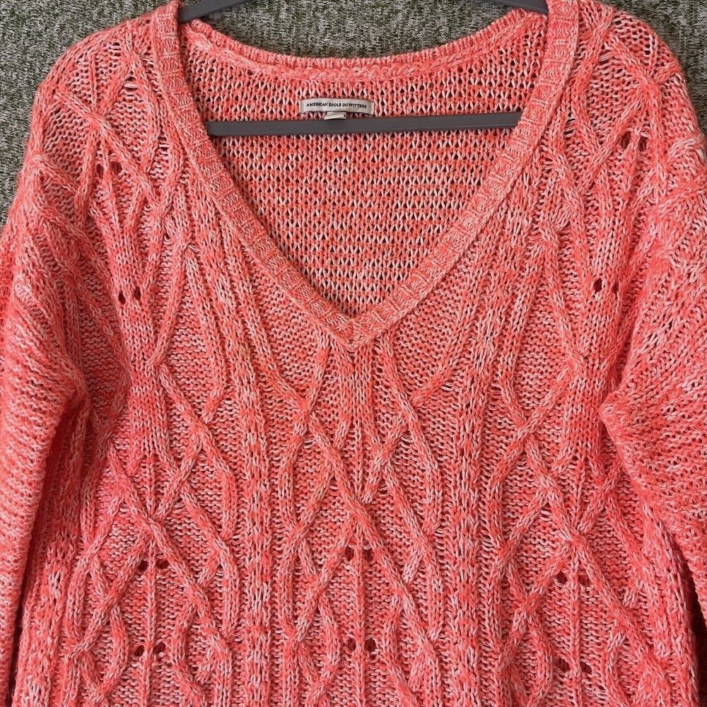 American Eagle Sweater Womens Medium Neon Orange Open Knit V Neck Tunic College - Picture 2 of 11